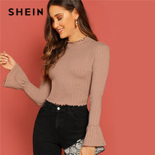 Load image into Gallery viewer, SHEIN Pink Lettuce Edge Flounce Long Sleeve Rib-knitted Fitted Crop T Shirt Casual Tee Shirt Spring Women Elegant Tshirt Tops