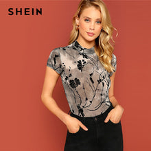 Load image into Gallery viewer, SHEIN Mock Neck Tie Dye Plant Print Ladies Mesh Tops Summer Highstreet Skinny Stand Collar Cap Sleeve Crop Women T Shirt